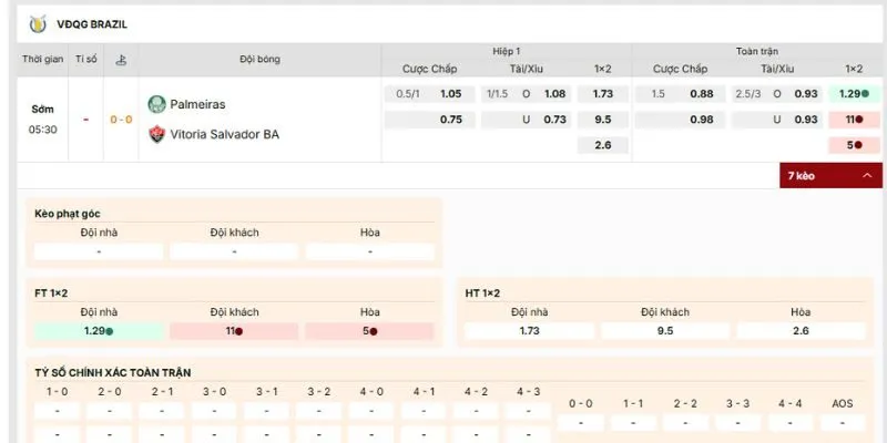 Các loại cược nên tham gia của trận Palmeiras vs Victoria Salvador BA