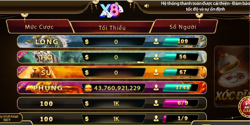 Xóc đĩa trực tuyến của X8 nâng lên một đẳng cấp mới 